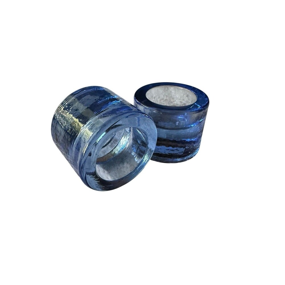 Crate And Barrel Blue Block Glass Tea light Votives Candles X 2 Round.